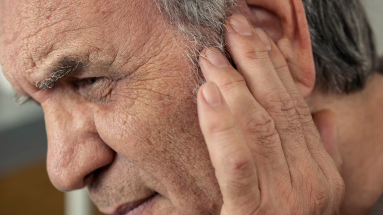 close up side profile of a man holding his ear